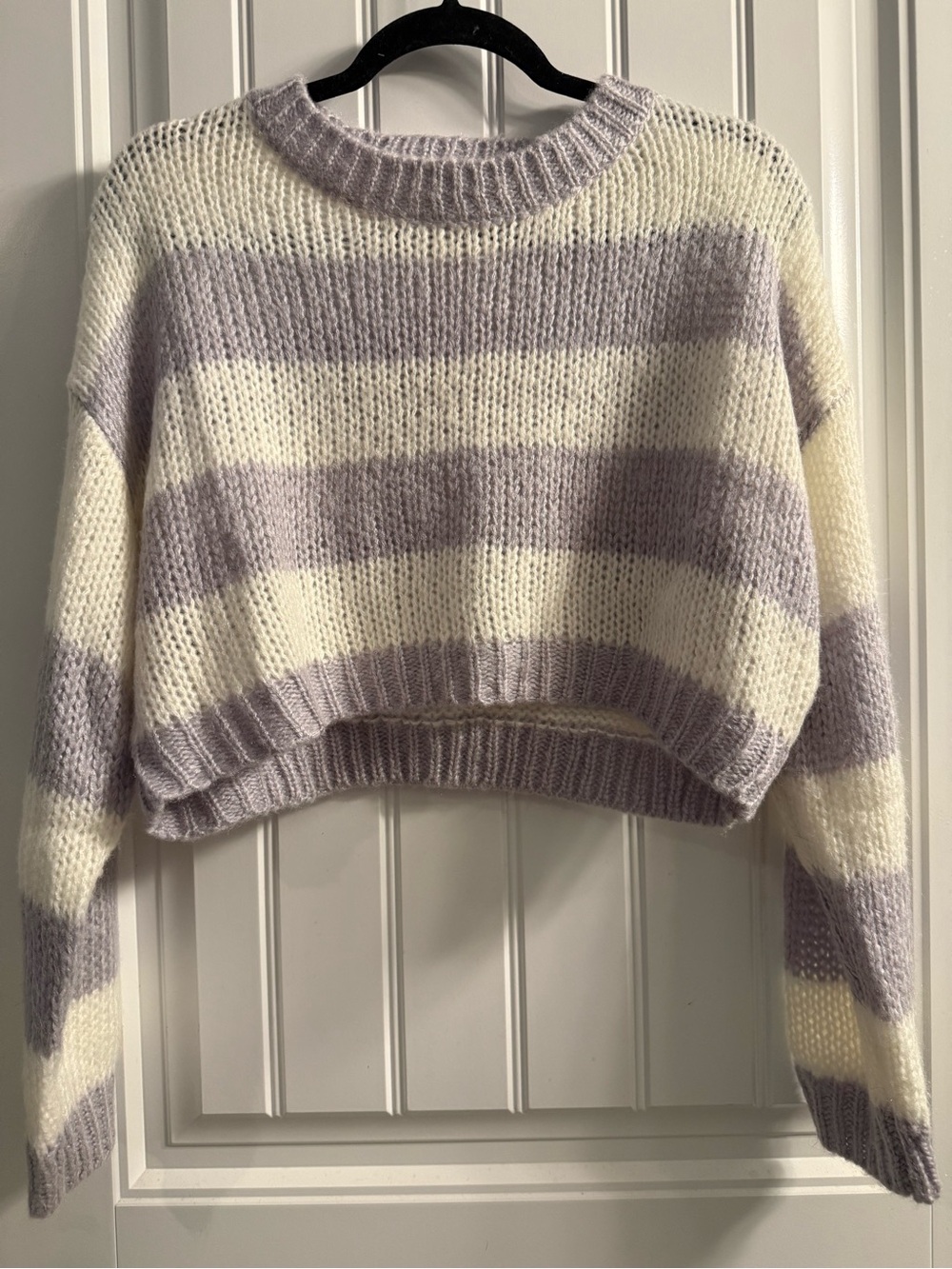 Striped Cropped Crewneck Sweater in Lavender and Cream